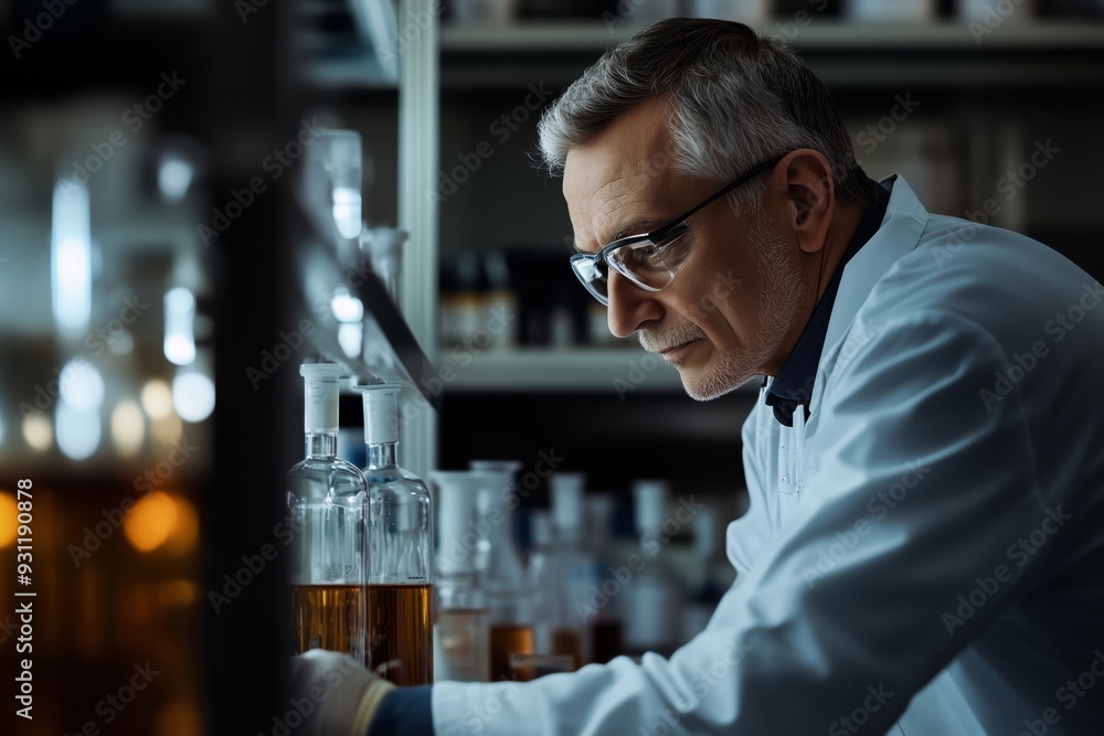 Seasoned scientist conducting experiments in laboratory research setting Seasoned scientist conducting experiments in laboratory research setting