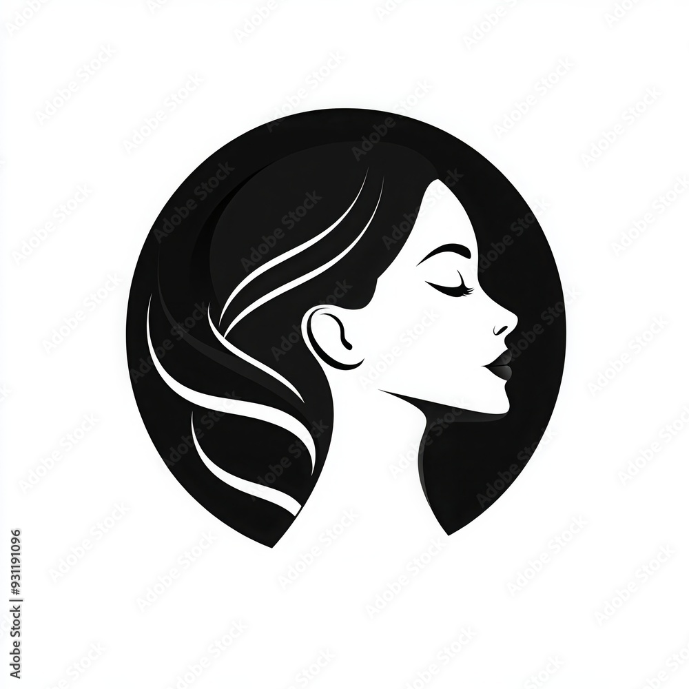 Elegant black and white profile illustration of a woman with flowing hair inside a circular frame. Minimalist beauty design. Elegant black and white profile illustration of a woman with flowing hair inside a circular frame. Minimalist beauty design.