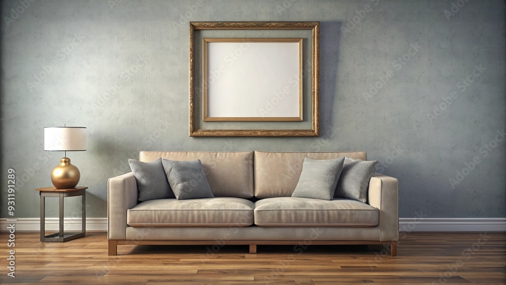Picture frame hanging above a couch in a room , home decor, interior design, wall art, cozy, stylish, living room Picture frame hanging above a couch in a room , home decor, interior design, wall art, cozy, stylish, living room
