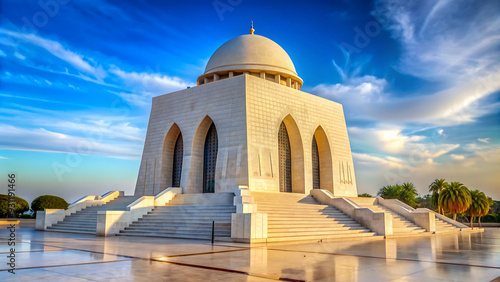 Picture of mausoleum of Quaid-e-Azam in bright sunny day, also known as mazar-e-quaid, famous landmark of Karachi Pakistan and tourist attraction of Pakistan.
 photo