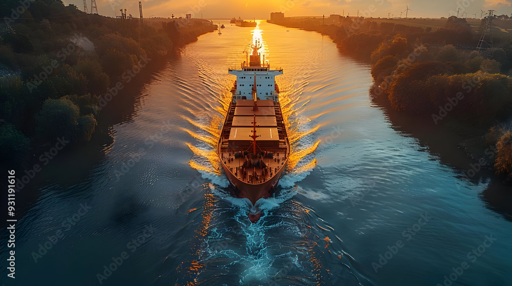 Obraz premium Cargo Ship at Sunset in a Narrow Channel - Aerial Photo