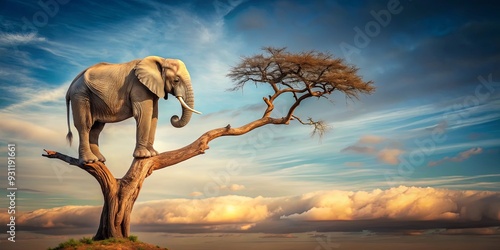 Lonely elephant sitting on top of a bare tree, lonely, elephant, tree, isolated, solitude, nature, wildlife, wild, animal, large photo