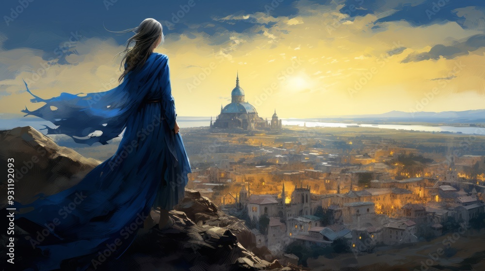 Beautiful young princess looking to landscape with castle at evening sunset. Neural network ai generated art Beautiful young princess looking to landscape with castle at evening sunset. Neural network ai generated art
