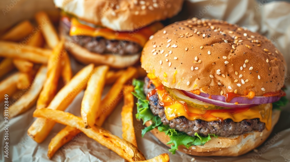 Juicy Cheeseburger with Crispy Fries Juicy Cheeseburger with Crispy Fries