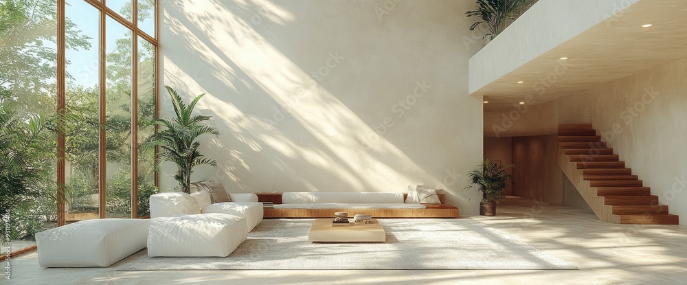 High Ceiling Living Room 3D Render With Minimalistic Elegance, Photo Realistic High Ceiling Living Room 3D Render With Minimalistic Elegance, Photo Realistic