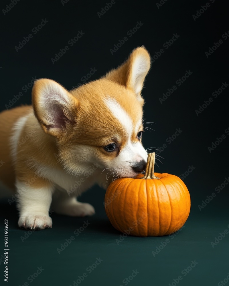 Curious corgi puppy sniffing a small pumpkin on a dark green background Curious corgi puppy sniffing a small pumpkin on a dark green background