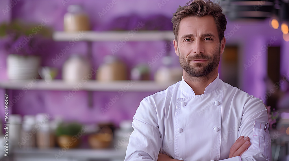Fototapeta premium Confident Chef Posing Professionally in Neutral Studio Setting