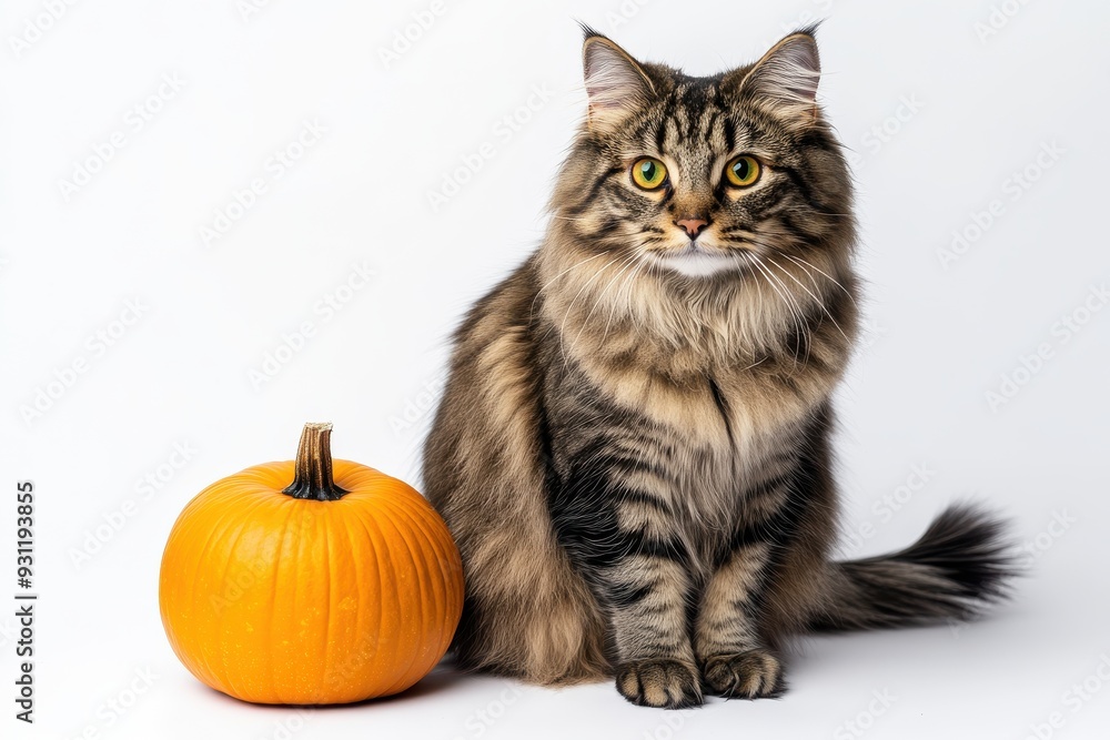 Obraz premium Majestic norwegian forest cat sitting next to a bright orange pumpkin on white background