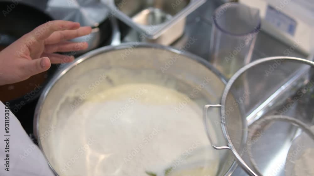 Extreme close up of woman s hand sifting flour through a small sieve adding it with a spoon. Handheld real time close up shot. add flour through a sieve into the dough Extreme close up of woman s hand sifting flour through a small sieve adding it with a spoon. Handheld real time close up shot. add flour through a sieve into the dough