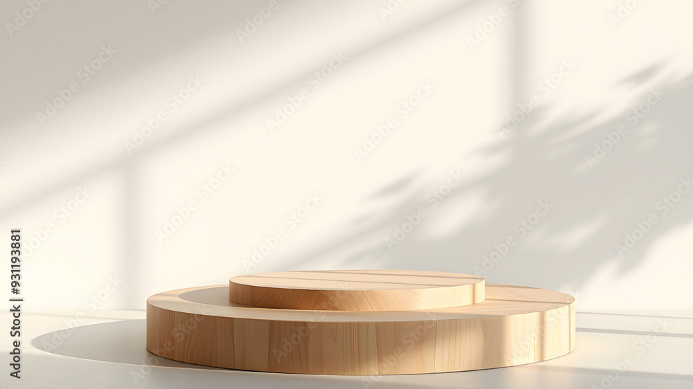 Wooden round podium for presentation with shadow and sunlight on white background Wooden round podium for presentation with shadow and sunlight on white background