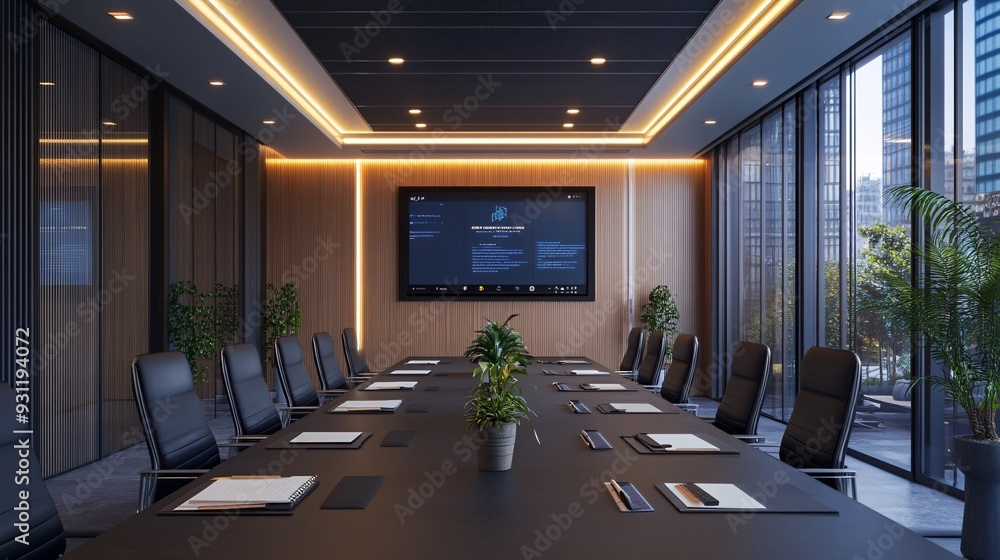 A wide-angle shot of a modern conference room with a video conference in progress A wide-angle shot of a modern conference room with a video conference in progress