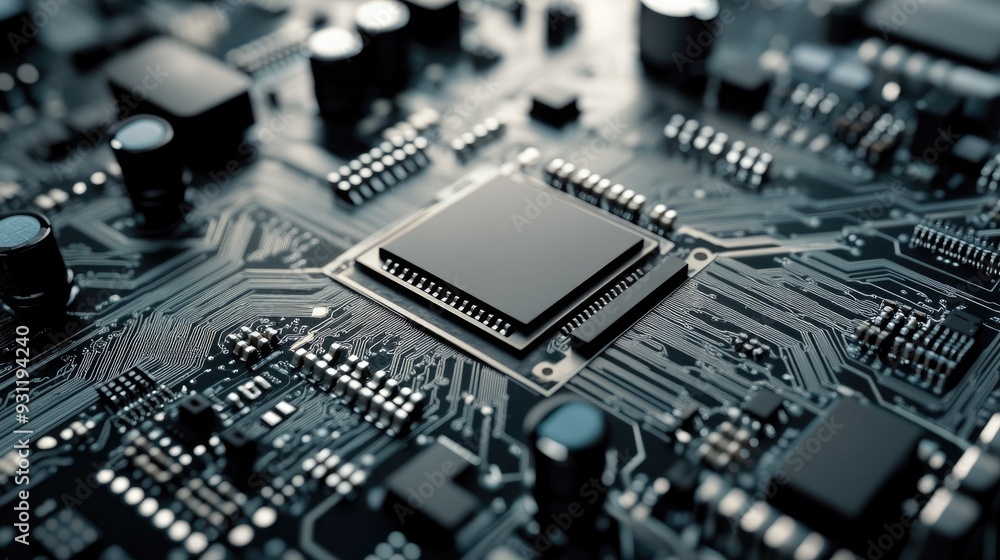 Close-up of a computer motherboard with a processor chip in the center. Close-up of a computer motherboard with a processor chip in the center.