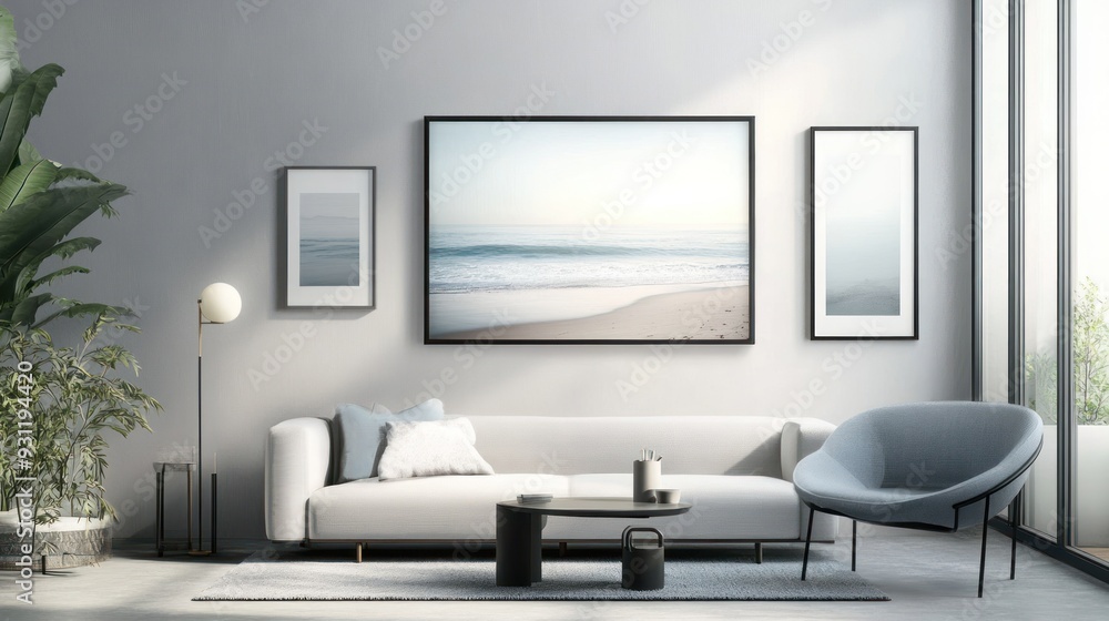 Modern Living Room with Beach Themed Artwork and a White Sofa Modern Living Room with Beach Themed Artwork and a White Sofa