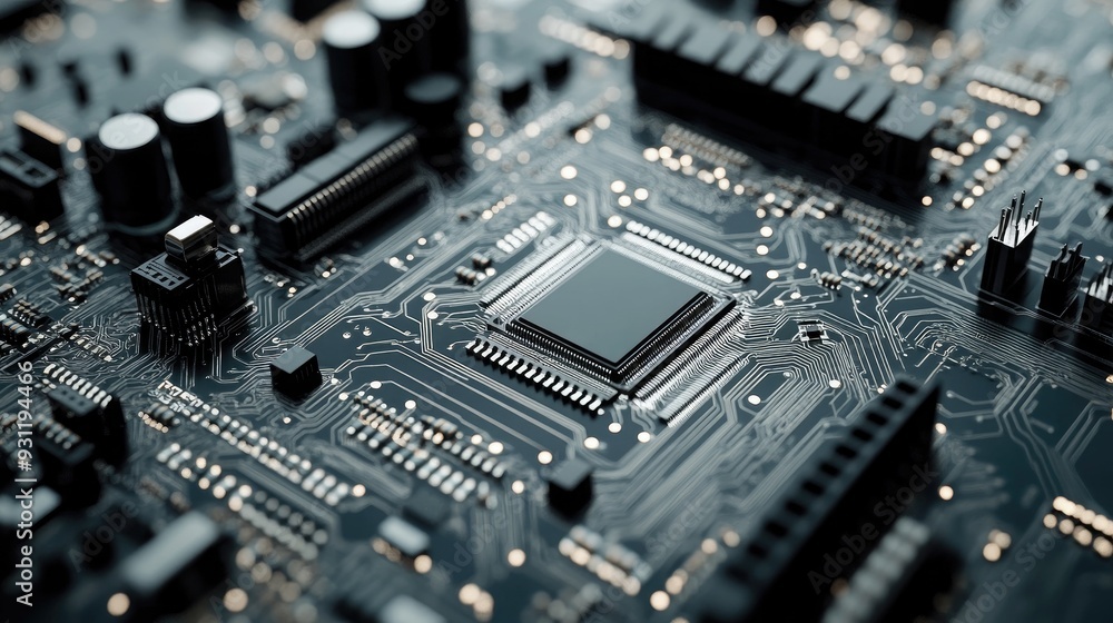 Close-up of a computer motherboard with a black processor chip in the center. Close-up of a computer motherboard with a black processor chip in the center.