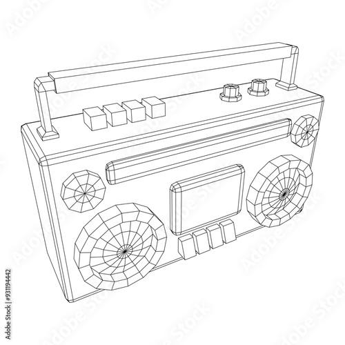 Retro Boombox outdated portable cassette tape recorder. Wireframe low poly mesh vector illustration.