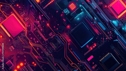 Close-up of a computer motherboard with glowing red and blue lines.