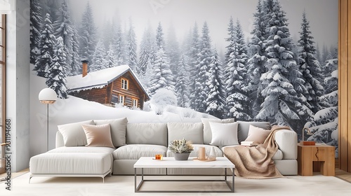 A cozy winter cabin scene with snow-covered trees, displayed as a wallpaper on a modern living room wall mockup. generative ai