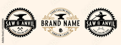 Set Blacksmith vintage logo. Ax hammer anvil and saw icon, for blacksmithing, iron and metal work