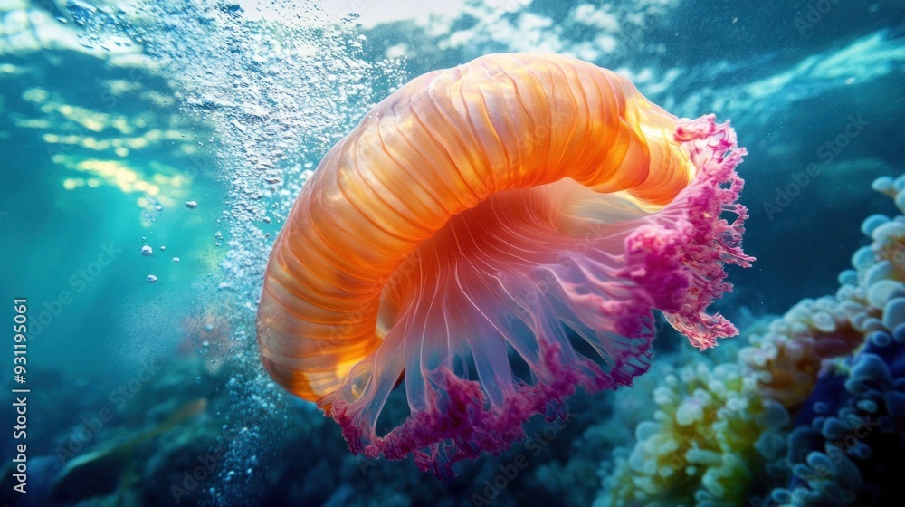 Pink-rimmed Orange Jellyfish in a Blue Ocean Pink-rimmed Orange Jellyfish in a Blue Ocean