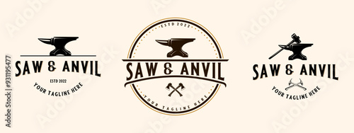Set Blacksmith vintage logo. Ax hammer anvil icon, for blacksmithing, iron and metal work