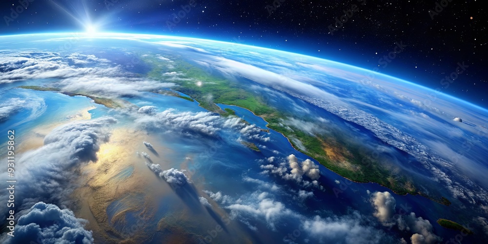 Fototapeta premium Earth seen from space with beautiful blue oceans and swirls of white clouds , planet, space, globe, atmosphere, view, aerial