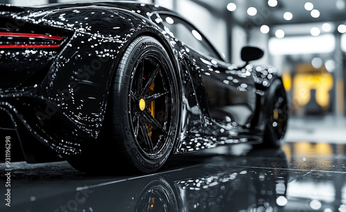 Sports car in yellow, red, black. An advertisement for a car dealership.