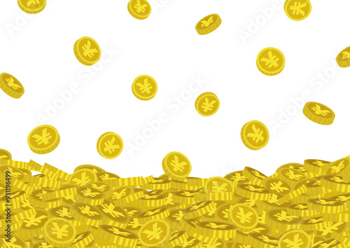 円、コイン、硬貨がたくさん降ってきて積もり山になっているイラスト
