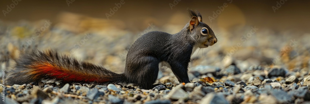Fototapeta premium A melanistic eastern gray squirrel displaying a red tail sits on gravel, highlighting a distinctive genetic pigmentation variation.