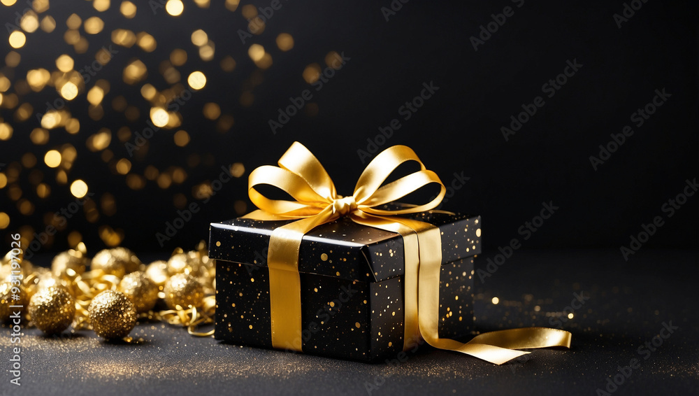 Gift box and golden ribbon on a black background with glitter Gift box and golden ribbon on a black background with glitter