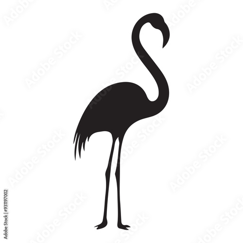 Vector illustration of flamingo in outline style is isolated on white background. Black silhouette of tropical bird flamingo standing on one leg .Cranes, Egrets, and Flamingoes