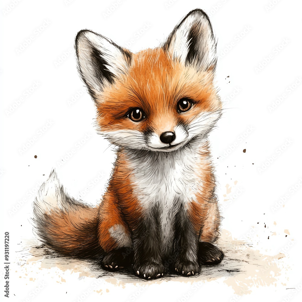 Obraz premium Cute cartoon fox with big eyes and a fluffy tail.