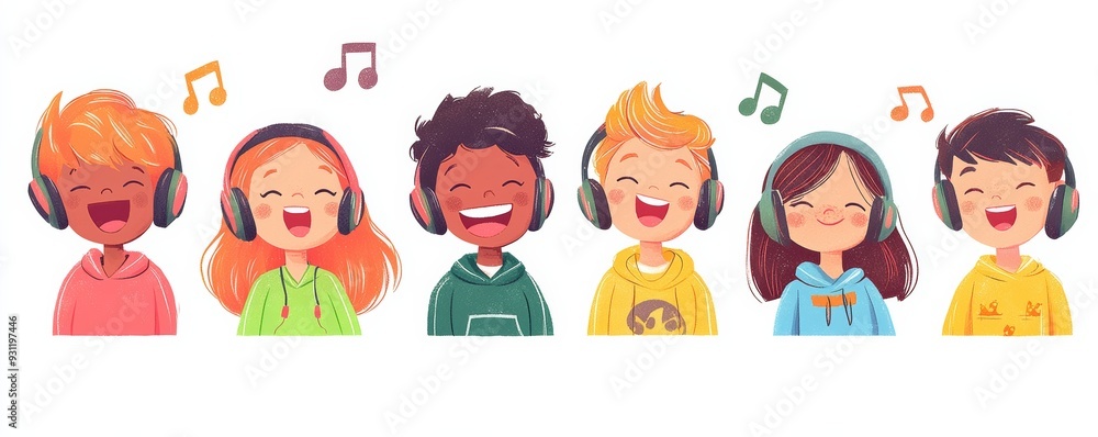 A joyful group of diverse children enjoying music with headphones, showcasing happiness and connection through sound. A joyful group of diverse children enjoying music with headphones, showcasing happiness and connection through sound.