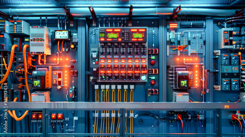 The industrial control cabinet features an array of wires and panels, illuminated in blue, enhancing connectivity for network systems and equipment photo