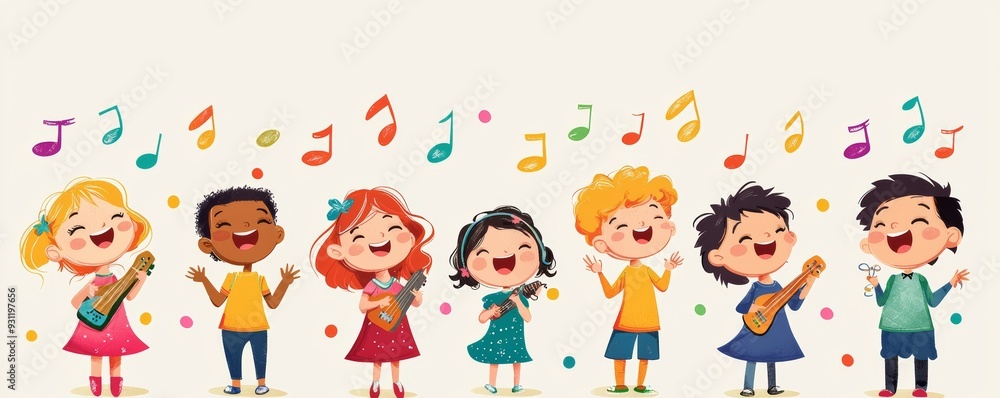 Cheerful children singing and playing instruments, expressing joy and creativity through music, with colorful notes surrounding them. Cheerful children singing and playing instruments, expressing joy and creativity through music, with colorful notes surrounding them.