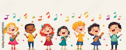 Cheerful children singing and playing instruments, expressing joy and creativity through music, with colorful notes surrounding them.