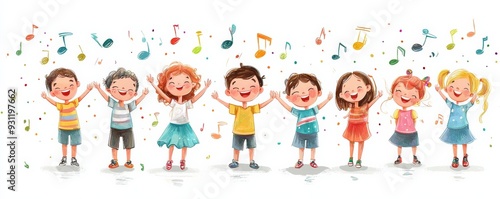 Wallpaper Mural Cheerful children singing and celebrating with joy, surrounded by musical notes. Perfect for children's events and music themes. Torontodigital.ca