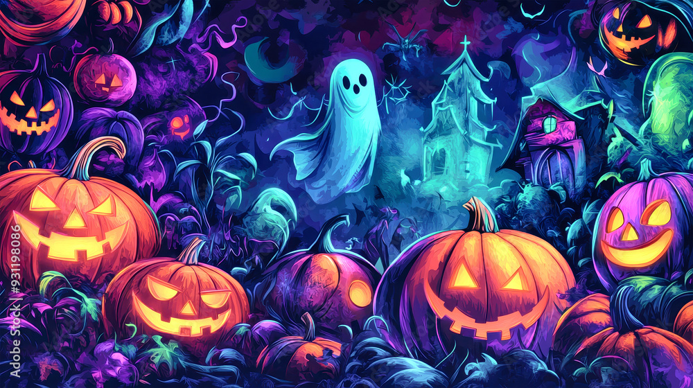 Obraz premium Colorful Halloween elements come to life with playful pumpkins, friendly ghosts, and spooky ghouls against a vibrant abstract backdrop celebrating the festive season