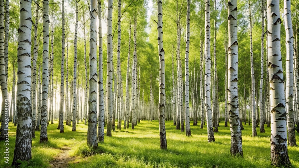 Fototapeta premium Tall and elegant silver birch trees in a forest clearing, nature, birch, trees, forest, foliage, tranquil, serene