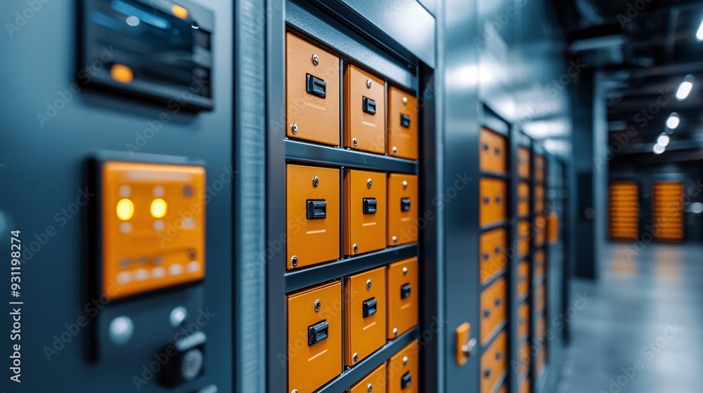 Server Room Cabinet with Orange Compartments. Server Room Cabinet with Orange Compartments.