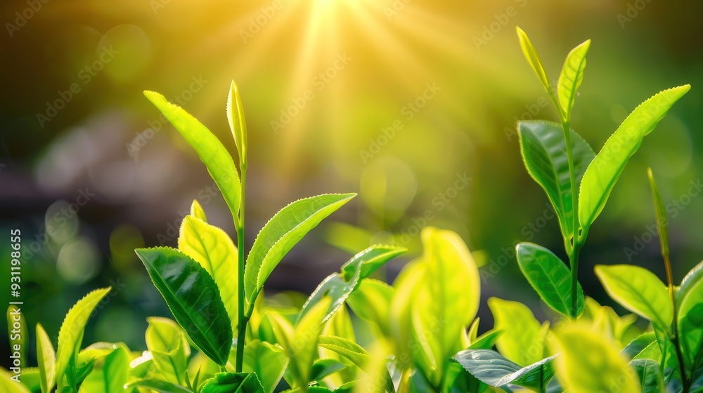 Fresh Green Tea Leaves in Sunlight Fresh Green Tea Leaves in Sunlight