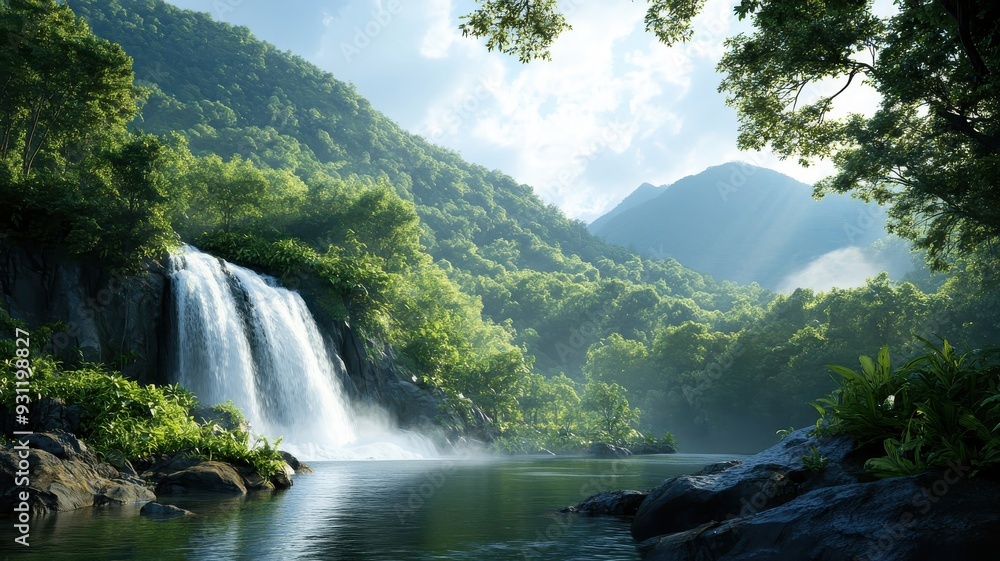 Fototapeta premium A banner capturing the majesty of a tropical rainforest, with a cascading waterfall and sunlight filtering through the dense foliage.