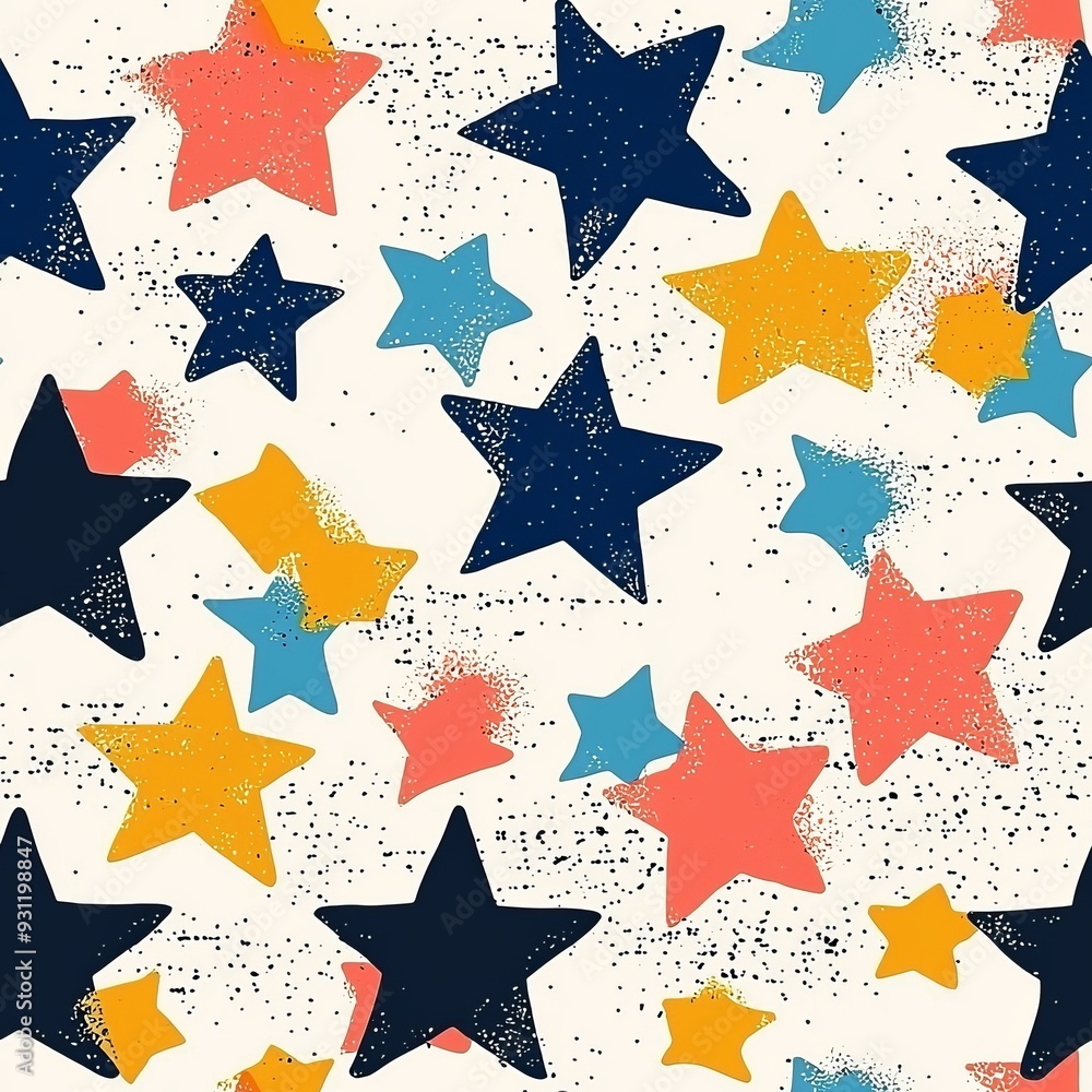 Obraz premium Seamless pattern of colorful stars and dots arranged in a playful grid