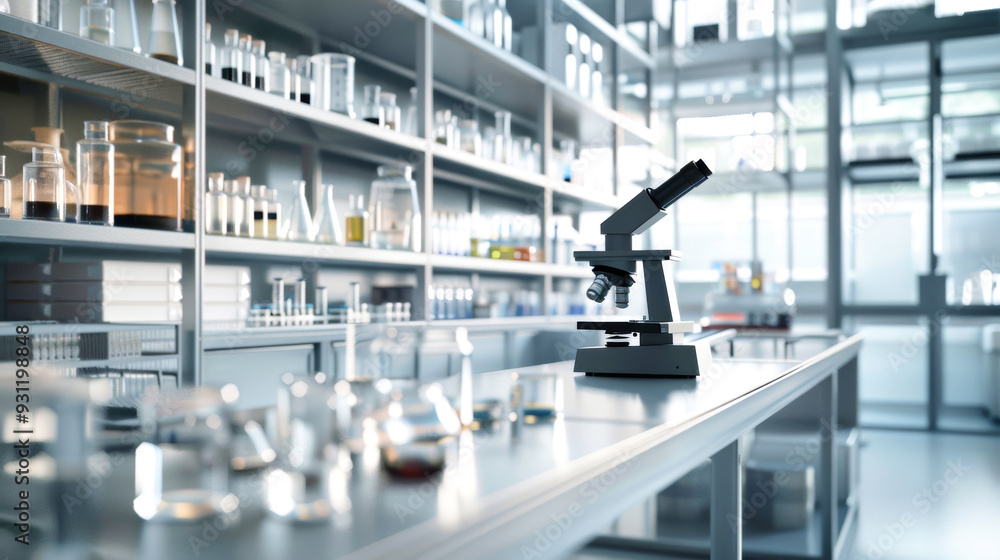 A minimalist laboratory showcases glassware and a microscope, illuminated by bright light, inviting discovery and exploration in scientific research A minimalist laboratory showcases glassware and a microscope, illuminated by bright light, inviting discovery and exploration in scientific research