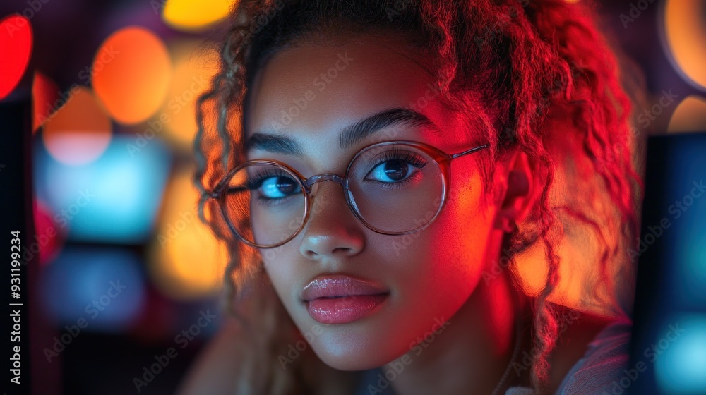 Portrait of a Woman With Curly Hair Wearing Glasses Looking Away Under Red and Blue Lights Portrait of a Woman With Curly Hair Wearing Glasses Looking Away Under Red and Blue Lights