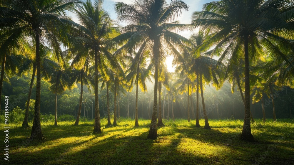 A tropical paradise of tall palm trees with the sun's rays piercing through the foliage, casting a warm glow over the serene landscape. A tropical paradise of tall palm trees with the sun's rays piercing through the foliage, casting a warm glow over the serene landscape.