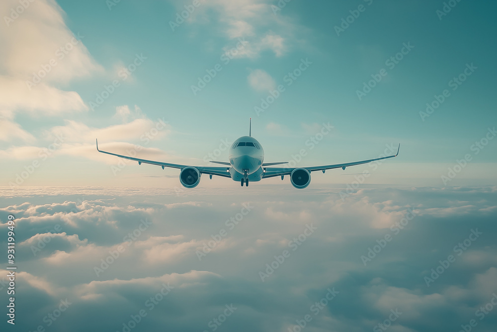 Fototapeta premium Aerial view of airplane in the sky, Front view of plane on cloud with sunlight. 