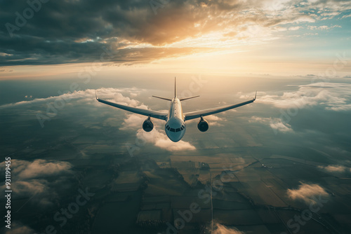 Aerial view of airplane in the sky, Front view of plane on cloud with sunlight. 