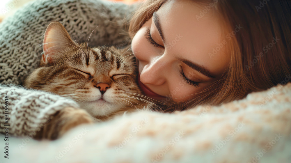 A young woman smiles as she kisses her cat, creating a warm, cozy atmosphere that reflects the beauty of autumn A young woman smiles as she kisses her cat, creating a warm, cozy atmosphere that reflects the beauty of autumn