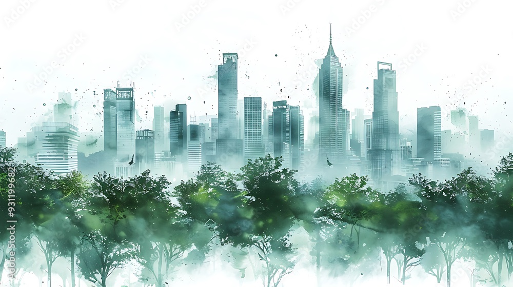 Obraz premium A watercolor of an urban skyline seamlessly blending into a lush forest, skyscrapers intertwined with towering trees, city colors fading into forest greens, fluid brushstrokes, delicate details,