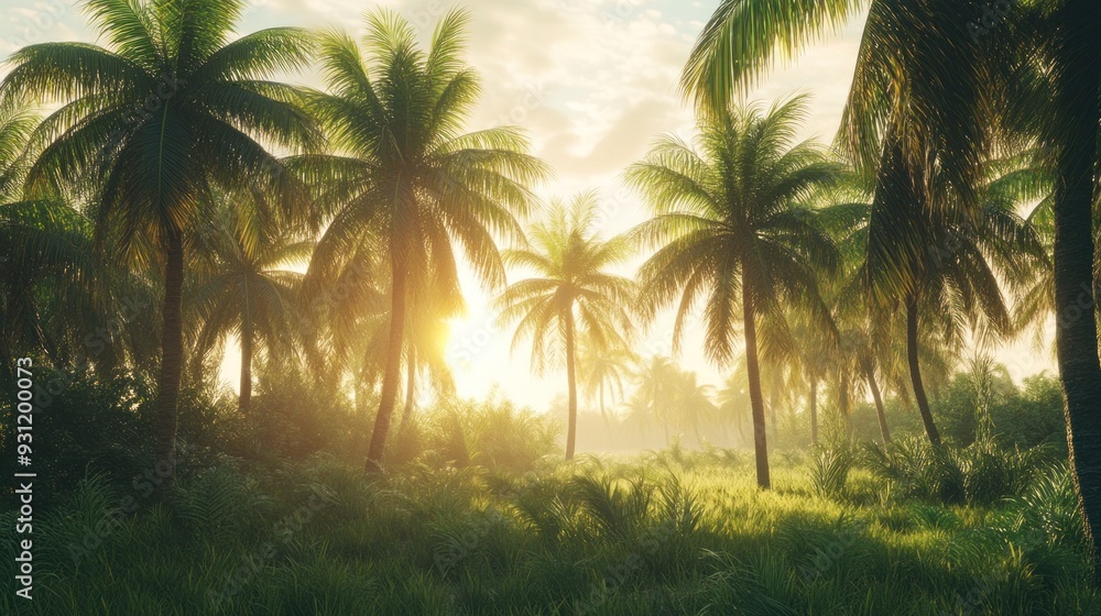 A serene tropical scene with lush palm trees, underbrush, and the sun casting warm, golden light through the foliage at dawn or dusk. A serene tropical scene with lush palm trees, underbrush, and the sun casting warm, golden light through the foliage at dawn or dusk.